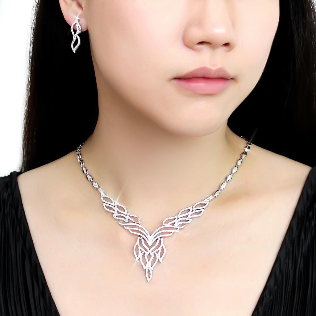 3W1418 - Rhodium Brass Jewelry Sets with AAA Grade CZ  in Clear - ONEZINOTTA , jewelery that shines like gold...