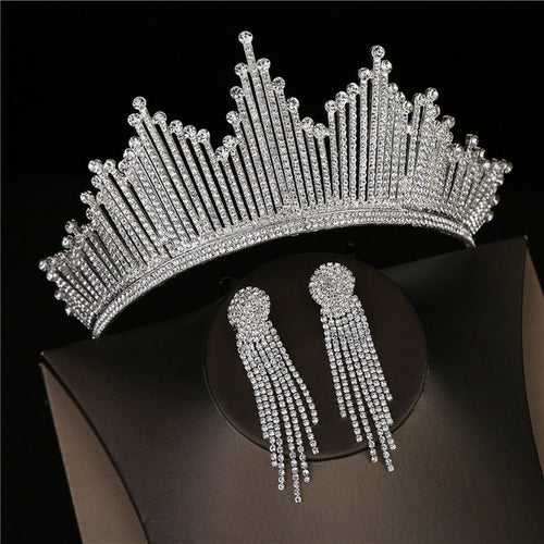 Baroque Luxury Silver Color Crystal Bridal Tiaras Crown With Earrings - ONEZINOTTA , jewelery that shines like gold...