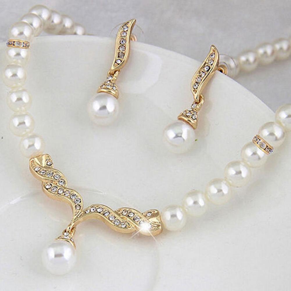 Bridal Women Necklace Faux Pearl Rhinestone Charms Wedding Earrings - ONEZINOTTA , jewelery that shines like gold...