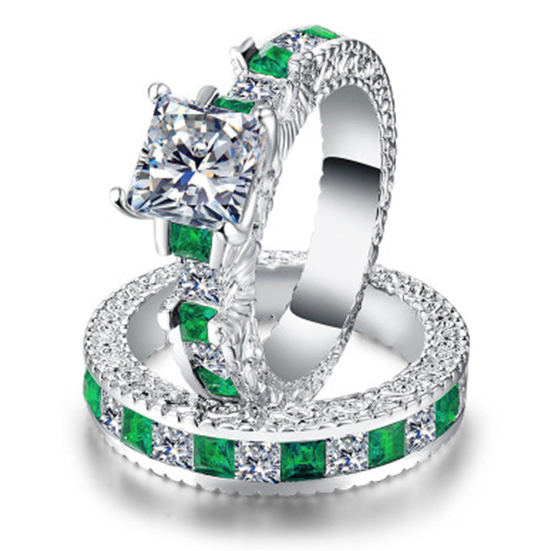Double Green Blue Square Cz Ring In Rhodium Plated Wedding Bands Aaa - ONEZINOTTA , jewelery that shines like gold...