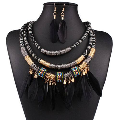 Exaggerated New Feather Jewelry Set Ethnic Gold Multilayer Red Feather - ONEZINOTTA , jewelery that shines like gold...