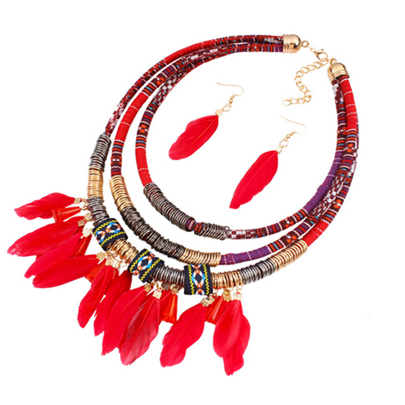 Exaggerated New Feather Jewelry Set Ethnic Gold Multilayer Red Feather - ONEZINOTTA , jewelery that shines like gold...