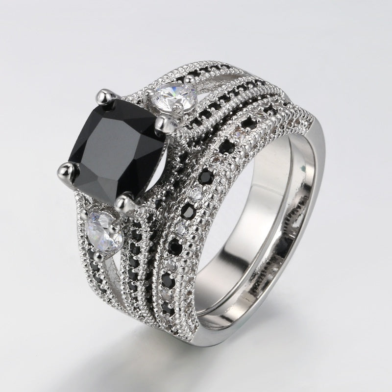 Fdlk 2pcs/set Vintage Geometric Black Zircon Rings Set For Women - ONEZINOTTA , jewelery that shines like gold...