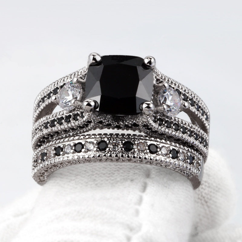 Fdlk 2pcs/set Vintage Geometric Black Zircon Rings Set For Women - ONEZINOTTA , jewelery that shines like gold...