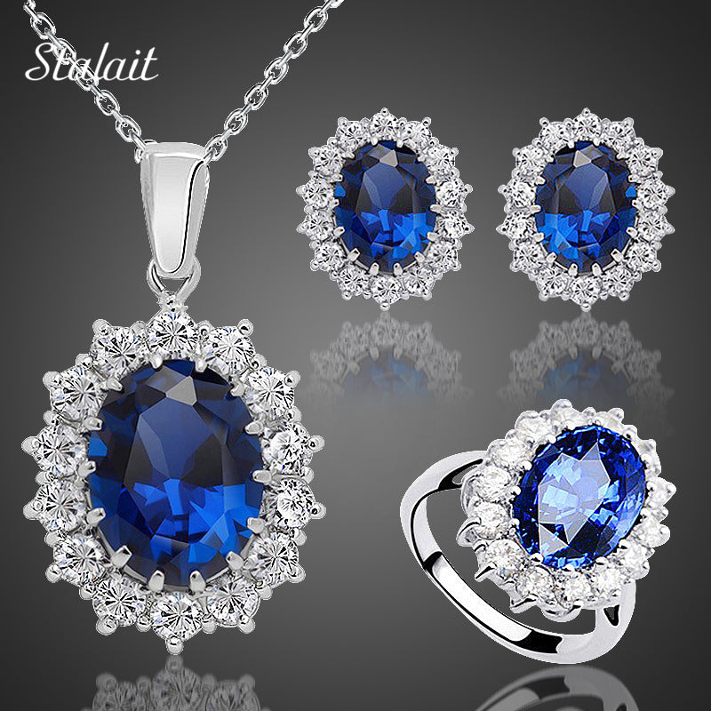 Fashion Blue Crystal Stone Wedding Jewelry Sets For Brides Silver - ONEZINOTTA , jewelery that shines like gold...