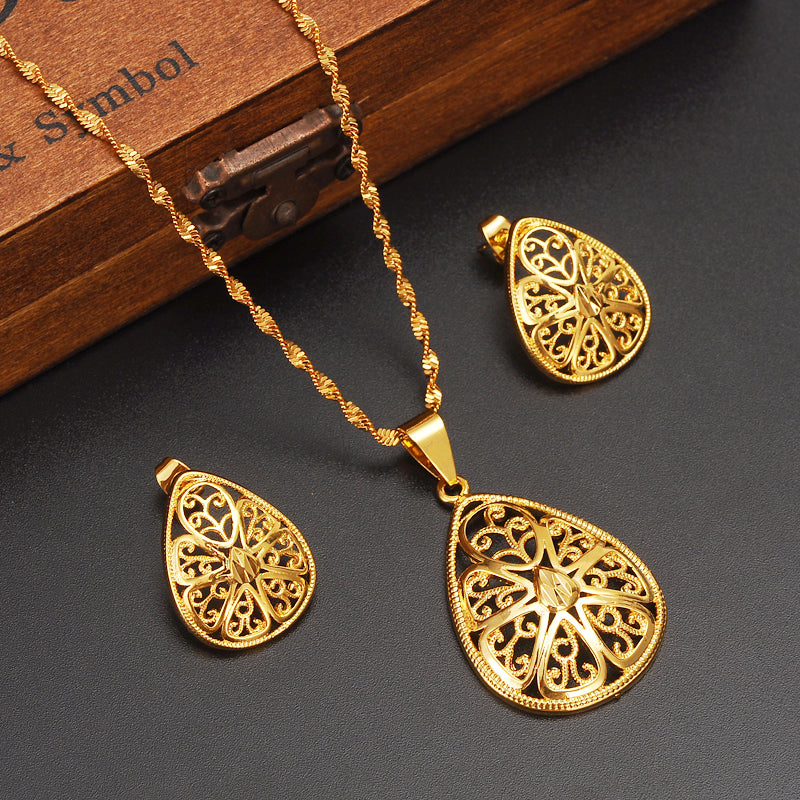 Gold dubi flower hollow Jewelry Sets stud Earrings Pendant necklace - ONEZINOTTA , jewelery that shines like gold...