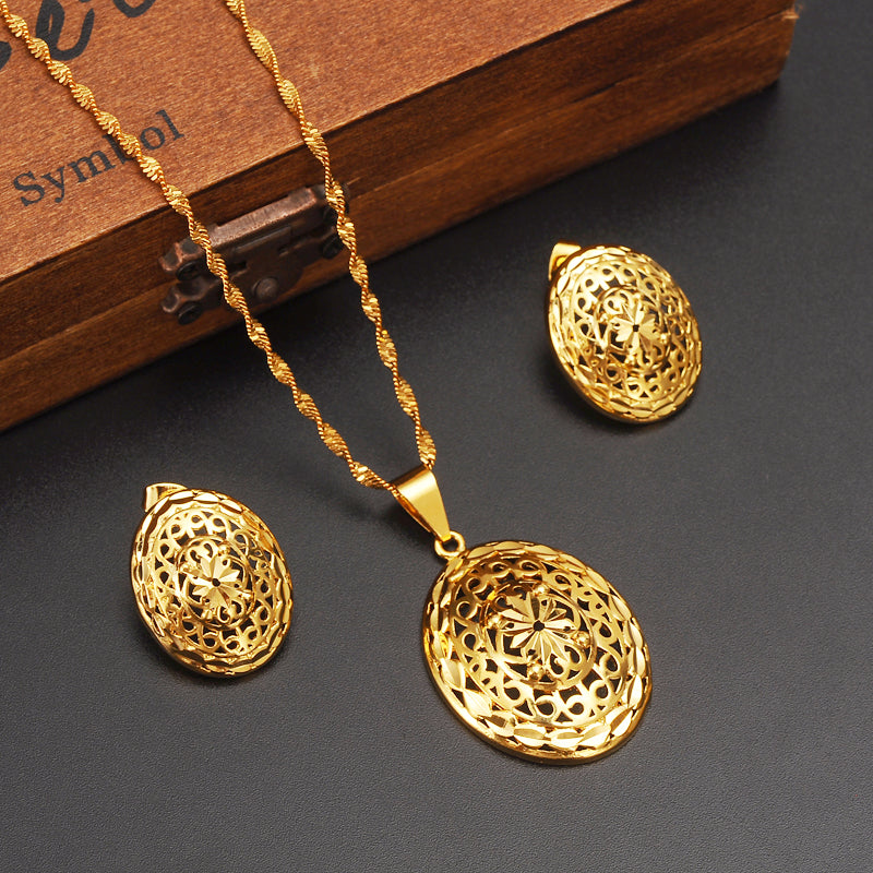 Gold dubi flower round  hollow Jewelry Sets Earrings Pendant necklace - ONEZINOTTA , jewelery that shines like gold...