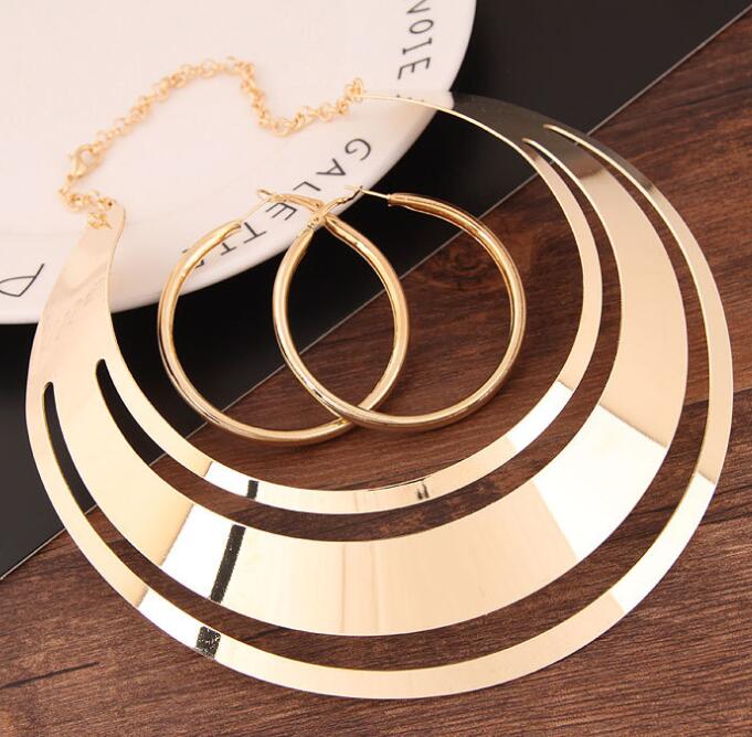 Kmvexo Trendy Gold Metal Torques Necklace Round Earrings Sets Women - ONEZINOTTA , jewelery that shines like gold...