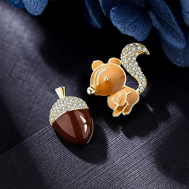 Lats Creative Fun Squirrel Pine Cone Asymmetrical Stud Earrings For - ONEZINOTTA , jewelery that shines like gold...