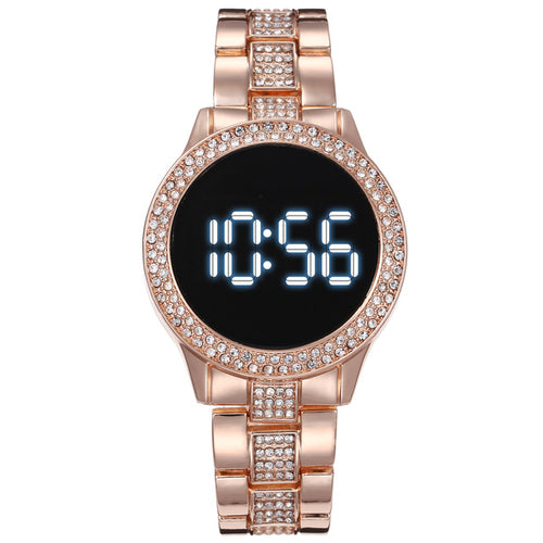 Luxury Ladies Rhinestone LED Digital Watch Simple Hardex Round Dial - ONEZINOTTA , jewelery that shines like gold...