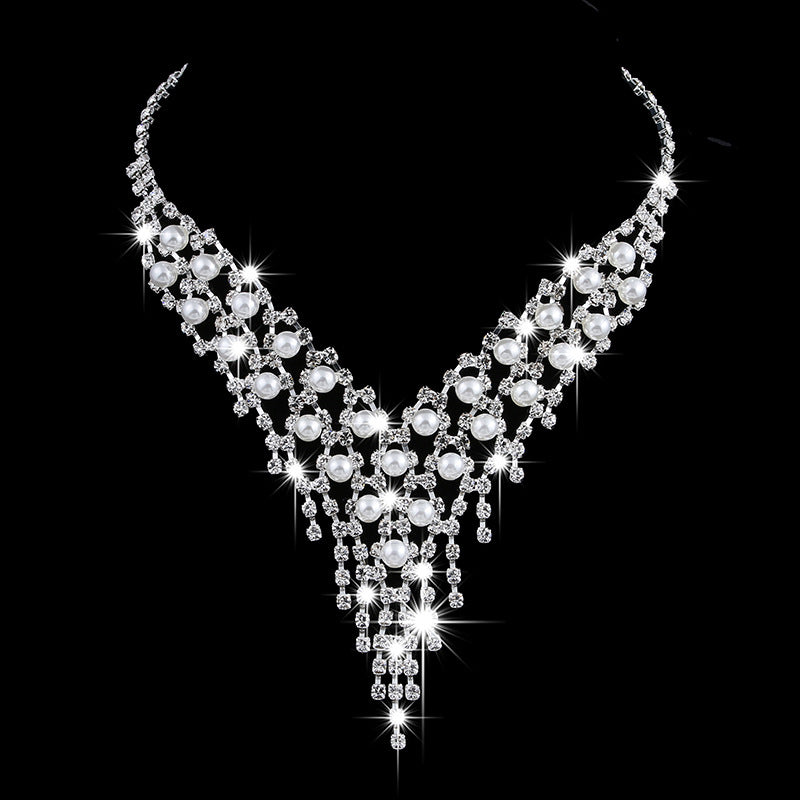 Luxury Long Tassels Jewelry Pearl Necklace Earing Set Crystal Zircon - ONEZINOTTA , jewelery that shines like gold...