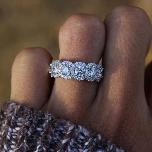 Real 18k White Gold Luxury Eternity Rings for Women Cute Flower Full - ONEZINOTTA , jewelery that shines like gold...