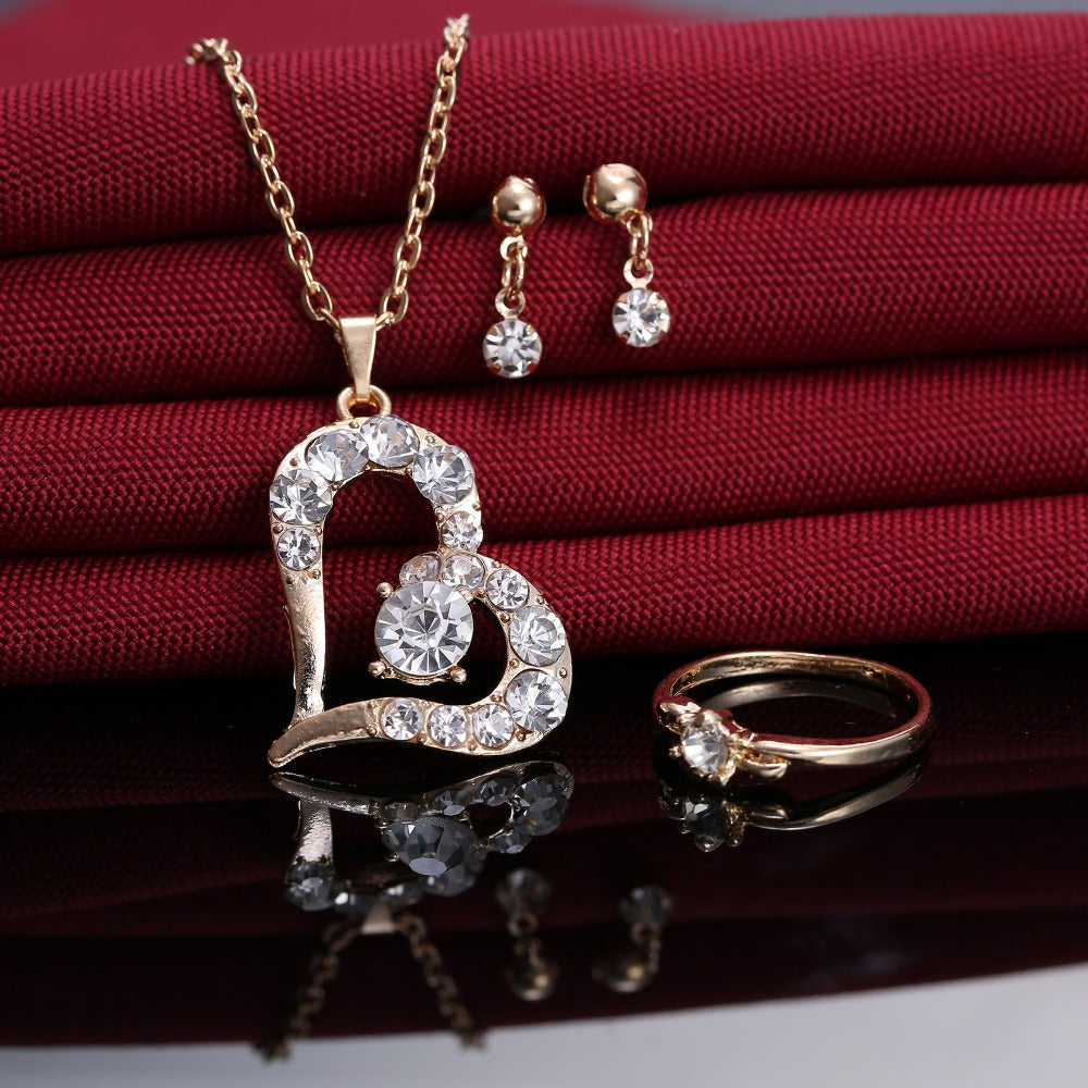 Romantic Heart Jewelry Set Women Heart Necklace Earring Ring Set Gold - ONEZINOTTA , jewelery that shines like gold...