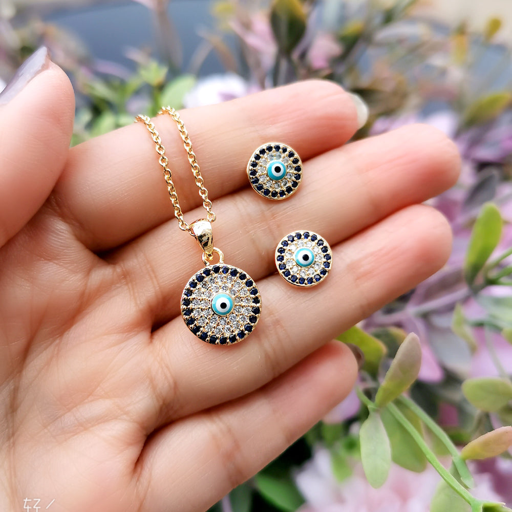 SINLEERY Lucky Blue evil eye Small Round Pendant Necklace Earrings - ONEZINOTTA , jewelery that shines like gold...