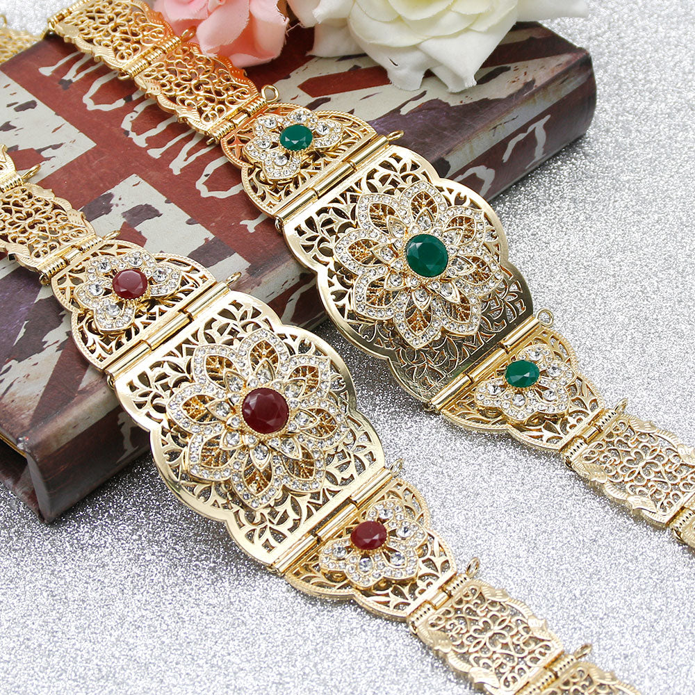 Sunspicems Morocco Women Caftan Belt Gold Color Red Green Stone Ethnic - ONEZINOTTA , jewelery that shines like gold...