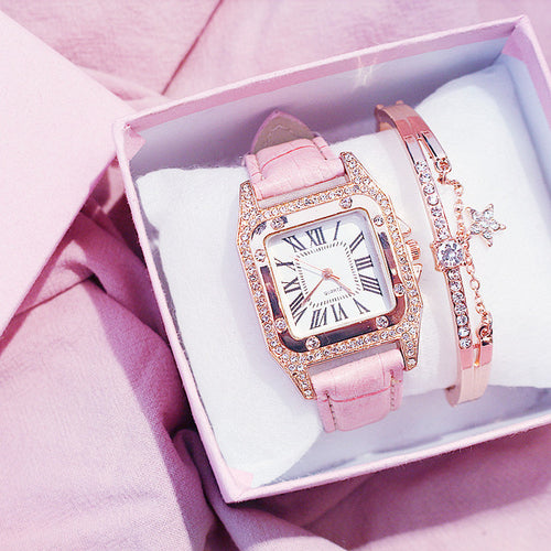 Women Diamond Watch Starry Square Dial Bracelet Watches Set Ladies - ONEZINOTTA , jewelery that shines like gold...