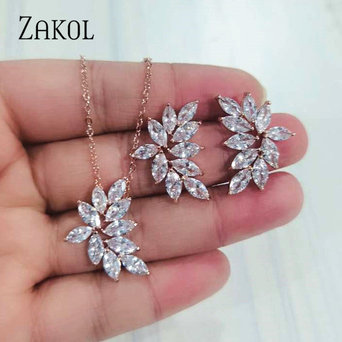 Zakol Casual Cubic Zirconia Leaf Earrings Necklace Jewelry Set For - ONEZINOTTA , jewelery that shines like gold...