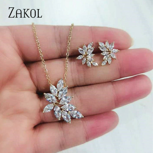 Zakol Casual Cubic Zirconia Leaf Earrings Necklace Jewelry Set For - ONEZINOTTA , jewelery that shines like gold...