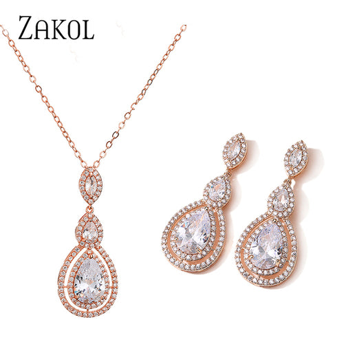 ZAKOL Classic AAA Water Drop CZ Crystal Wedding Jewellery Set - ONEZINOTTA , jewelery that shines like gold...