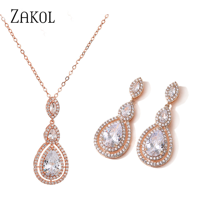 ZAKOL Classic AAA Water Drop CZ Crystal Wedding Jewellery Set - ONEZINOTTA , jewelery that shines like gold...