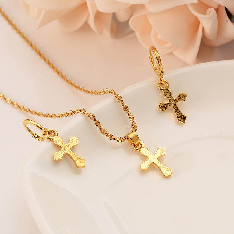 Cross Necklace Earrings Set Gold Color Wedding Bridal Sets - ONEZINOTTA , jewelery that shines like gold...